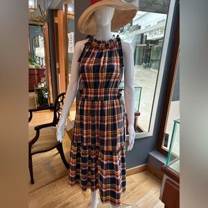 Chic Plaid Maxi Dress in Multicolors of Navy, Red and Yellow